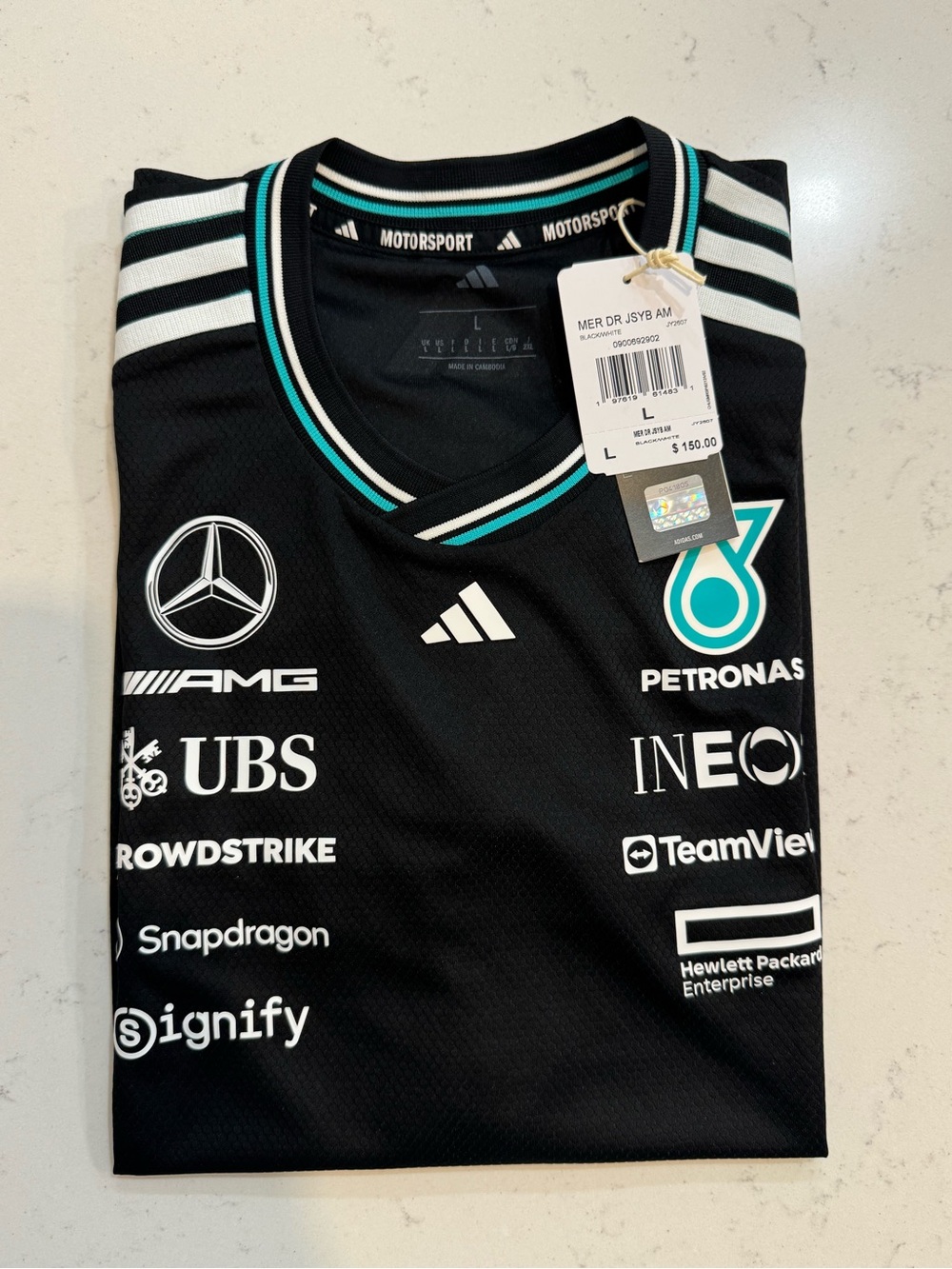 Adidas Black Mercedes-AMG Petronas Team Jersey with Teal Accents - JY2607